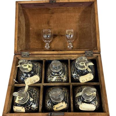 18th c GEORGIAN TANTALUS DECANTER SET ORIGINAL BOTTLES & CASE