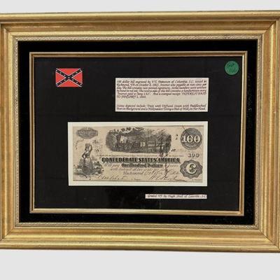 CONFEDERATE 100 DOLLAR NOTE 1862 FRAMED