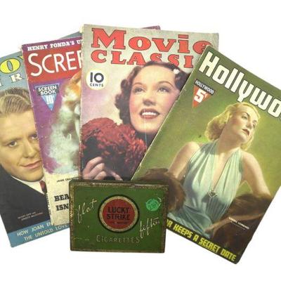 EARLY 20TH CENTURY LUCKY STRIKE CIGARETTE TIN AND MOVIE MAGAZINES