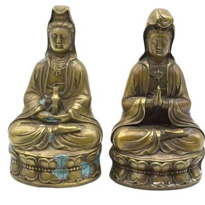 PAIR VINTAGE BRASS GUANYIN ON LOTUS