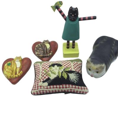 VINTAGE CAT FOLK ART & KATHA DIDDEL NEEDLEPOINT PILLOW - 5PC