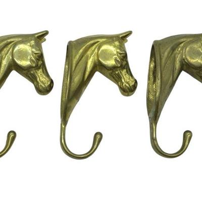 3 BRASS HORSE HEAD WALL MOUNT HOOKS