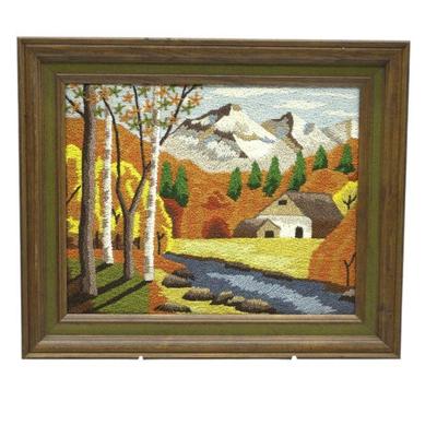 VINTAGE FRAMED YARN ART AUTUMNAL SCENE