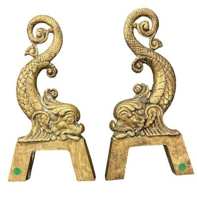 PAIR B & H DOLPHIN FORM BRASS ANDIRONS