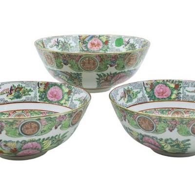 3 HAND PAINTED PORCELAIN 8 IN ROSE MEDALLION BOWLS