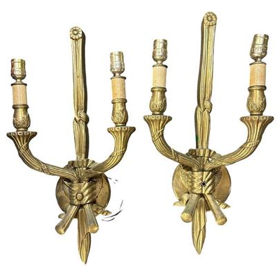 ANTIQUE PAIR BRASS ELECTRIFIED SCONCES