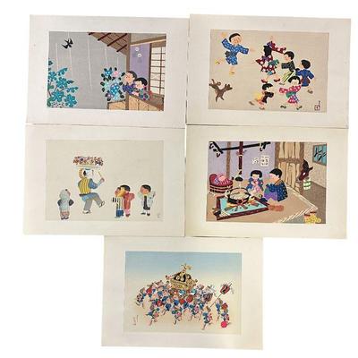 5 HITOSHI KIYOHARA WOODBLOCK PRINTS CHILDREN