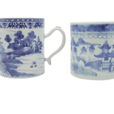 2 ANTIQUE CHINESE CANTON WARE BLUE & WHITE MUGS