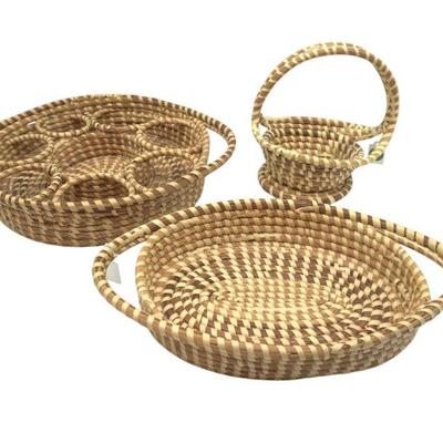 3 PIECES VINTAGE CHARLESTON SWEETGRASS BASKETS AND DRINK CADDY