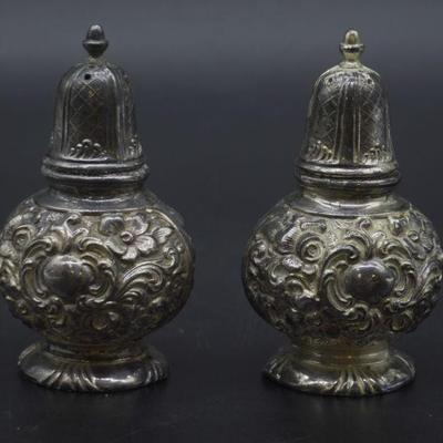 W B MFG CO SALT AND PEPPER SHAKERS REPOUSSE STYLE SILVER PLATED