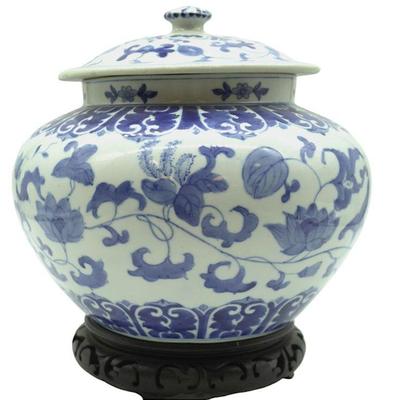 BLUE & WHITE CHINESE AU-LIN JAR ON STAND