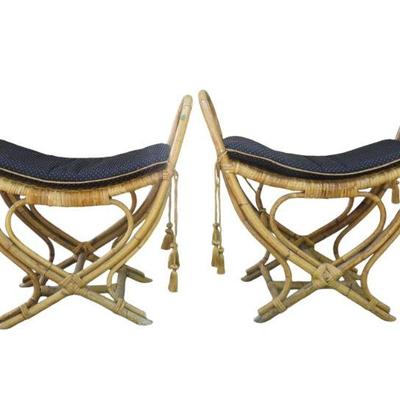 MATCHED PAIR OF RATTAN BAMBOO BENCHES