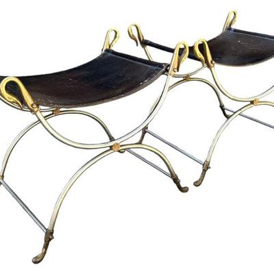 PAIR MAISON JANSEN SWAN STOOLS LEATHER SEATS