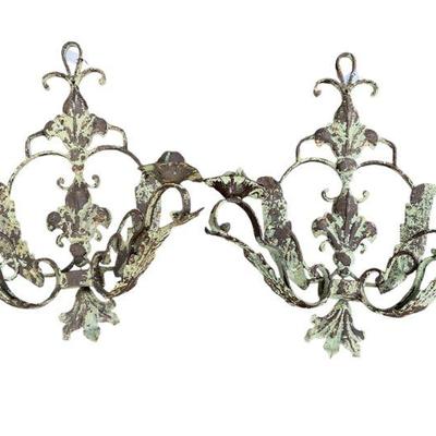 FRENCH PATINA FLEUR DE LIS WALL CANDLE SCONCES