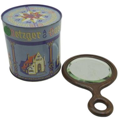 2 PC WWII COOKIE TIN & WOOD HAND MIRROR