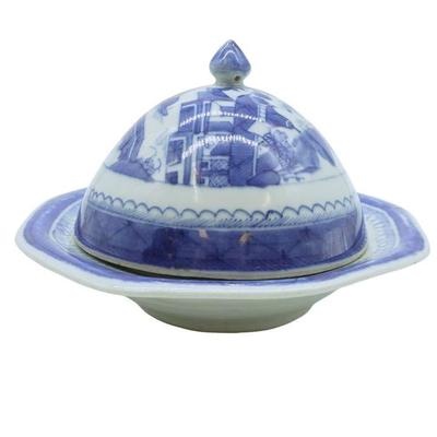 19th c CANTON 3 PART COVERED BUTTER DISH