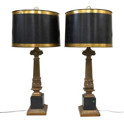 PAIR NEOCLASSICAL BLACK AND GOLD LAMPS
