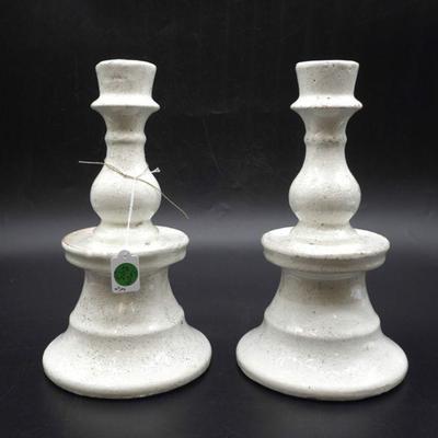 PAIR OF POTTERY FARMHOUSE CANDLESTICKS