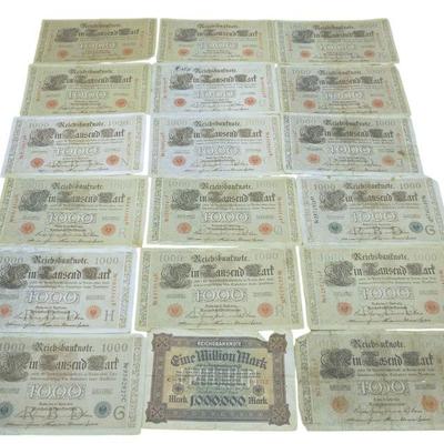18 pc GERMAN 1923 MILLION MARK & 1910 REICHSBANK NOTES 1000