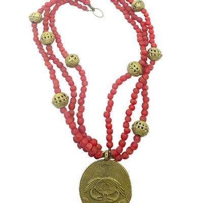 RED AFRICAN GHANAIAN GLASS BEAD AND BRONZE NECKLACE