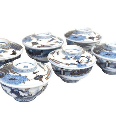 13 pc RARE JAPANESE MEIJI ARITA BOWLS & LIDS FUKUROKUJU