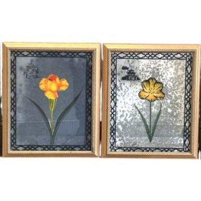 SET OF 4 TULIPS REVERSE PAINTED ON GLASS FRAMED