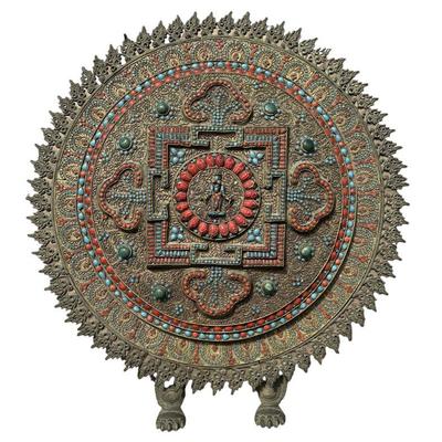 ANTIQUE BRONZE TIBETAN MANDALA CORAL TURQUOISE