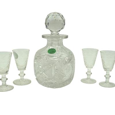 AMERICAN BRILLIANT DECANTER & 4 GLASSES