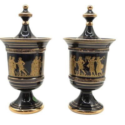 PAIR COBALT BLUE 24K GREEK COVERED URNS