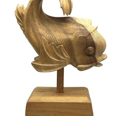 LARGE CARVED SOLID WOOD FISH ON STAND