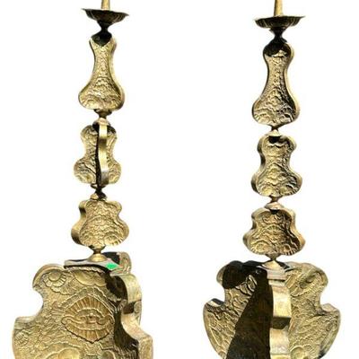 19th C ORNATE FLEMISH BRASS CANDLESTICKS