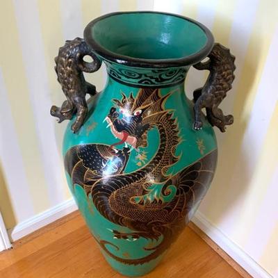 36” pottery vase w/ painted Asian decoration