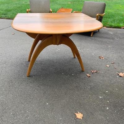 Heywood-Wakefield wishbone drop leaf table w/ 2 leaves. Top needs refinishing.