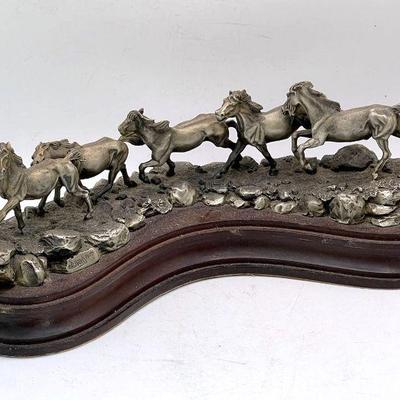 Vintage Signed Polland Pewter Sculpture of Horses Running
