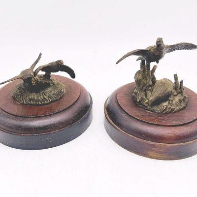 (2) DeLodzia Solid Bronze Quail Statues by Schmid
