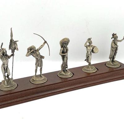(5) Donald Jack Polland Native American Pewter Sculptures with Display Shelf
