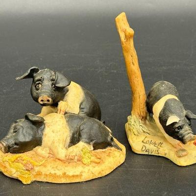 (2) Signed Lowell Davis Striped Pig Figurines
