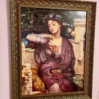 Libra and Her Sparrow Giclee Painting, Gilded Frame, FrancaisdeMarche', Vintage Romantic Portrait of a Woman and a bird