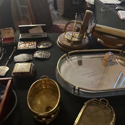 Vintage Brass Kaleidoscope with Wood Stand 
Brass Belt Buckles
Sterling/Stainless/ Silver small Items  