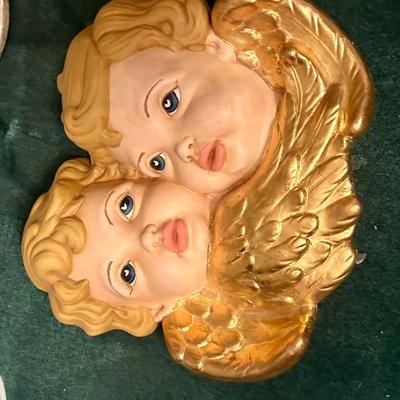 FONTANINI DUAL ADORABLE ANGEL CHERUB HEADS WALL PLAQUE DECOR 14x10