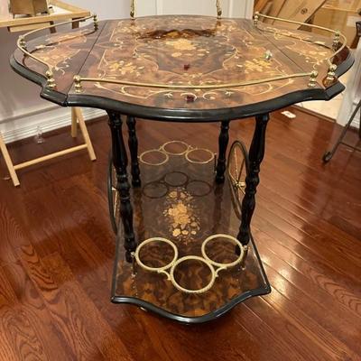 Italian Marquetry Wood Bar Cart, Dessert Cart, End Table, or Bath Cart Trolley