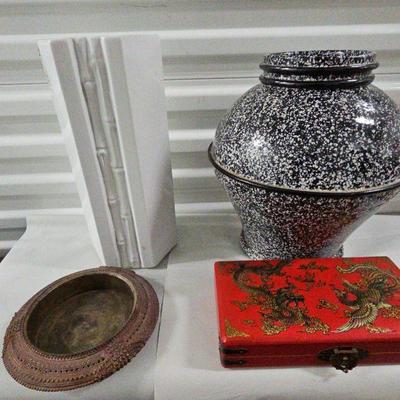 FTH153-Asian Inspired Flower Vases, Chinese Abacus In Decorated Case And Metal Ashtray