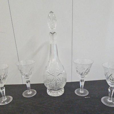 FTH336-Stunning Set Of 4 Glass Crystal Stemmed Sherry Glasses With Decanter And Stopper 