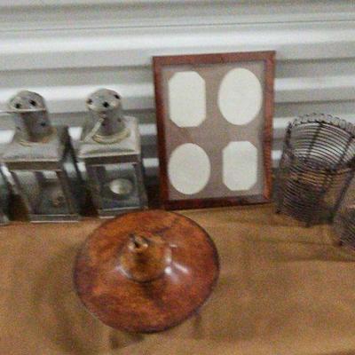 FTH197-Interesting Lot Containing Vintage Metal Candle Holders, Vintage Wire Wine Carriers, Etc.