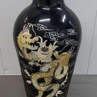 FTH327 - Tall Black Laquer and Mother of Pearl Inlaid Vase