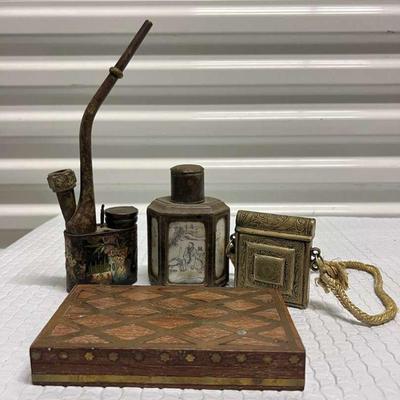 FTH201- Vintage Chinese Pewter Tea Caddy, Metal Water Pipe & Metal Ornate Pouch