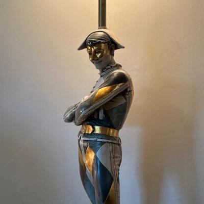 Vintage Turquoise Gold Marbro  Harlequin Jester Lamp Mid Century St Marceaux 55" with Tiffany style shade 