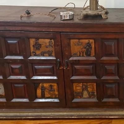 42. ANTIQUE 19c SPANISH COLONIAL SIDEBOARD POLYCHROME CATHOLIC RELIGIOUS SCENE PANEL $1,400.00 back panel cut out in back  55" W x...