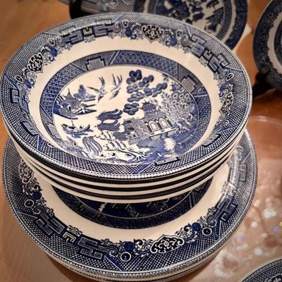 Johnson Brothers "Blue Willow" china and glasses set - 45+ pieces