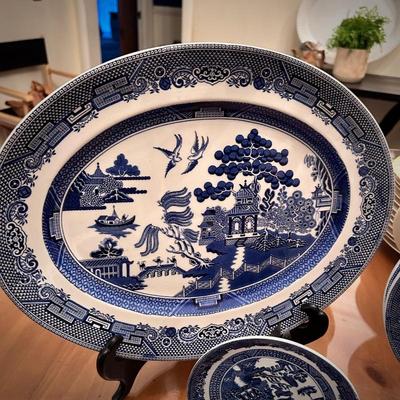 Johnson Brothers "Blue Willow" china and glasses set - 45+ pieces